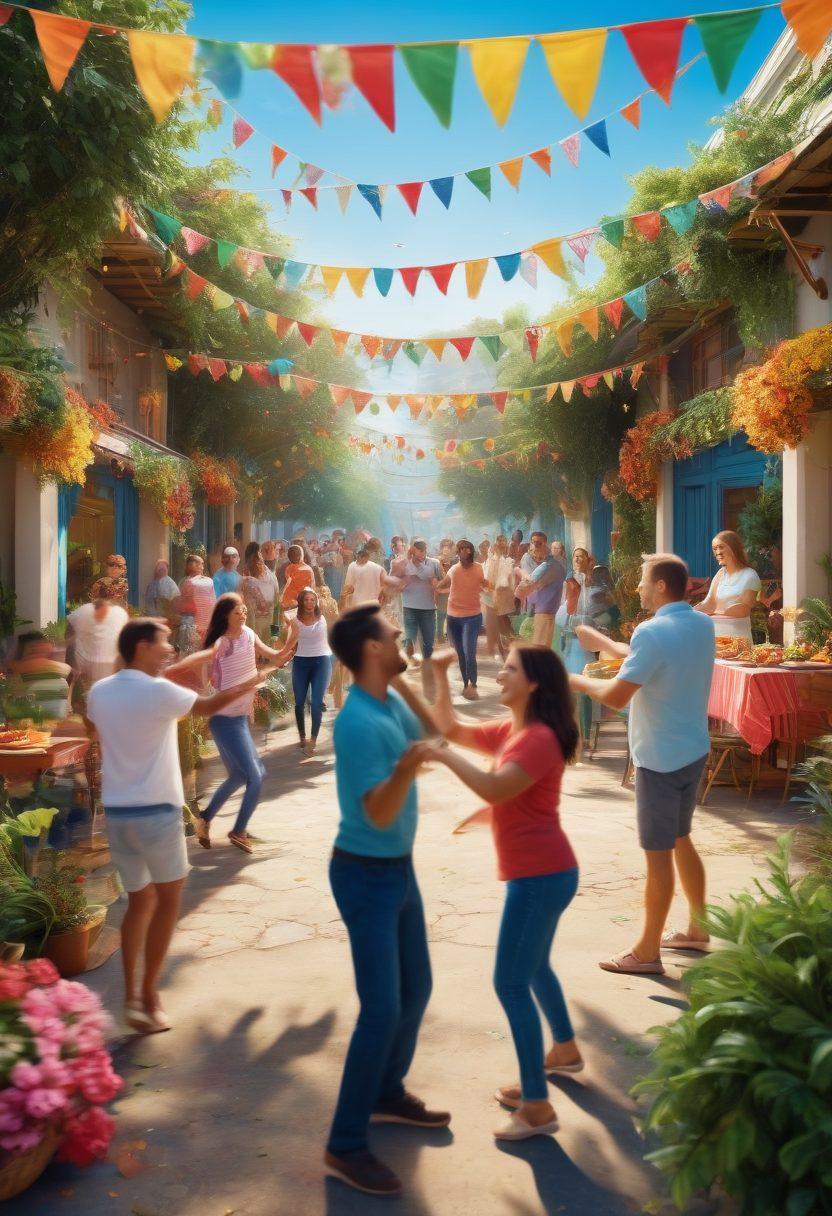 A lively community gathering with diverse people enjoying various fun activities such as dancing, playing games, and sharing food, all surrounded by colorful decorations and joyful expressions. Include a backdrop of lush greenery and a clear blue sky, radiating a sense of happiness and togetherness. super-realistic. vibrant colors. 3D.