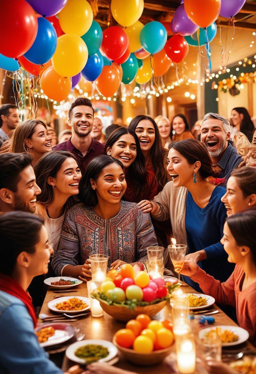 A heartwarming scene depicting a diverse group of people joyfully celebrating together, surrounded by colorful decorations and balloons. Festive lights twinkle in the background, creating an atmosphere of warmth and happiness. Include elements like shared laughter, traditional foods, and unity in diversity. The focus should be on the connections formed through these celebrations. vibrant colors. super-realistic.