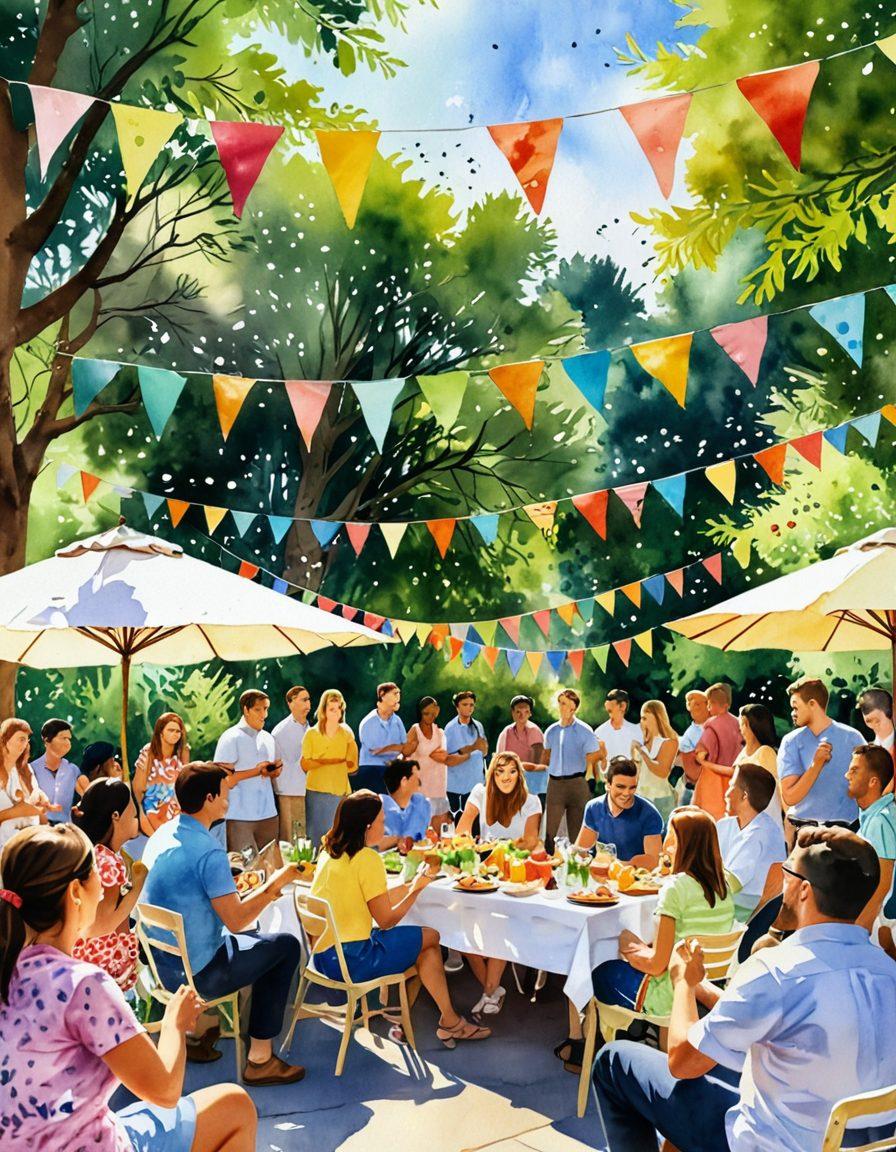 A vibrant outdoor celebration scene, featuring diverse groups of people joyfully interacting, sharing laughter and delicious food under colorful bunting and lanterns. In the background, a lush garden setting with flowers and greenery, symbolizing community connection. Capture the warmth and excitement of togetherness with soft, radiant sunlight filtering through trees. watercolor painting. bright colors. joyful atmosphere.